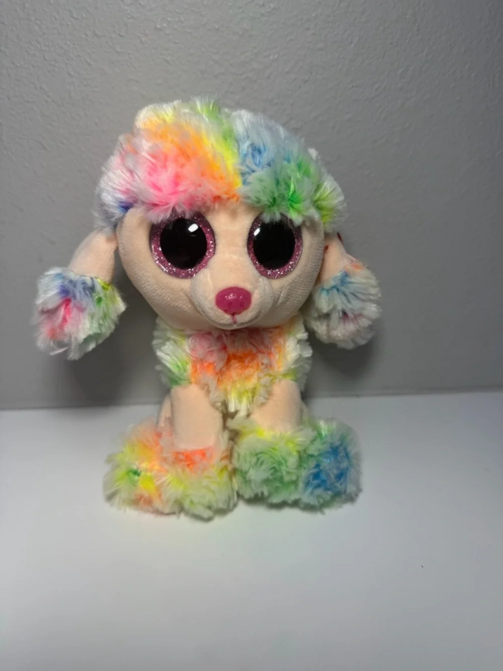 Ty Rainbow Beanie Boo Plush Poodle - Multicolor Fur with Pink Nose - Picture 1 of 7
